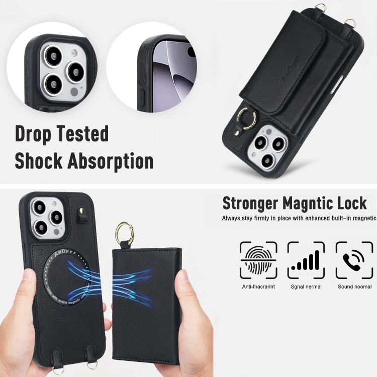 For iPhone 16 Pro Max AwQuer 2 in 1 Crossbody Wallet Leather Back Phone Case(Black) - iPhone 16 Pro Max Cases by Awquer | Online Shopping UK | buy2fix