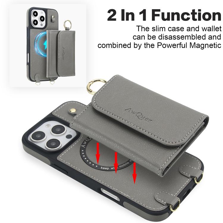 For iPhone 16 Pro Max AwQuer 2 in 1 Crossbody Wallet Leather Back Phone Case(Grey) - iPhone 16 Pro Max Cases by Awquer | Online Shopping UK | buy2fix