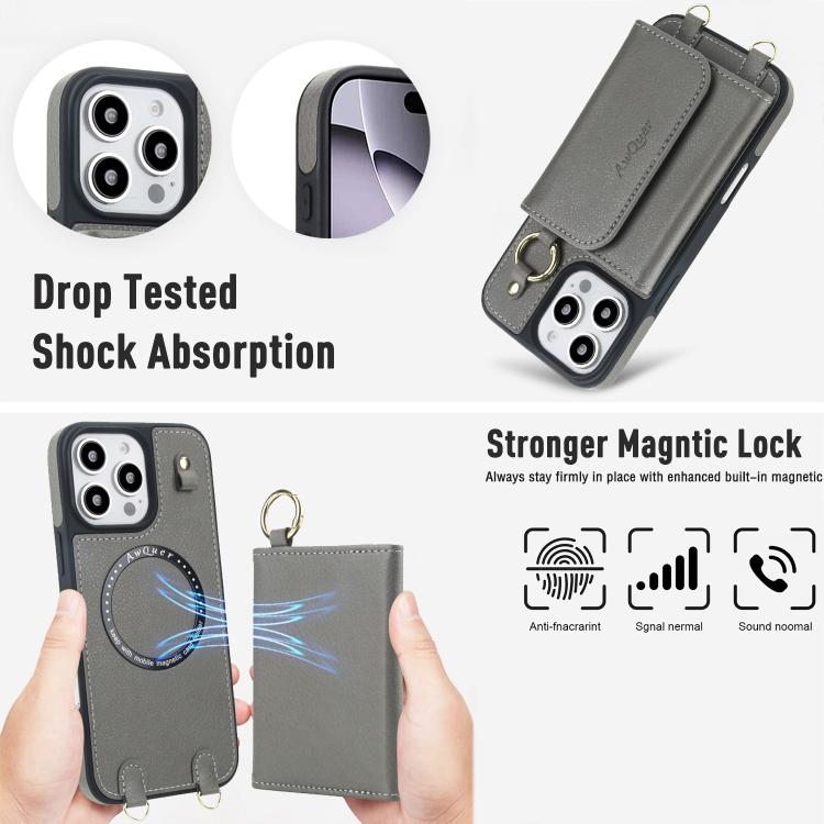 For iPhone 16 Pro Max AwQuer 2 in 1 Crossbody Wallet Leather Back Phone Case(Grey) - iPhone 16 Pro Max Cases by Awquer | Online Shopping UK | buy2fix