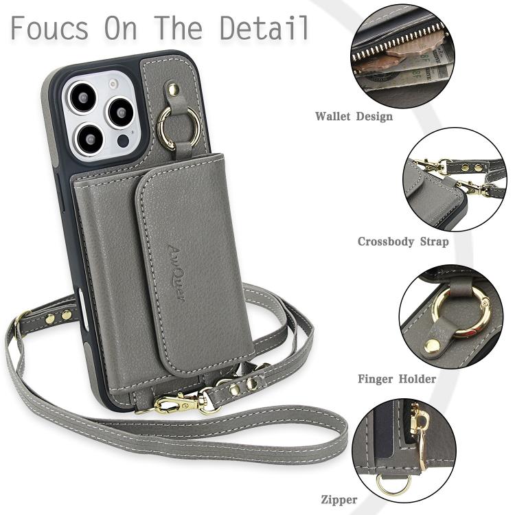 For iPhone 16 Pro Max AwQuer 2 in 1 Crossbody Wallet Leather Back Phone Case(Grey) - iPhone 16 Pro Max Cases by Awquer | Online Shopping UK | buy2fix