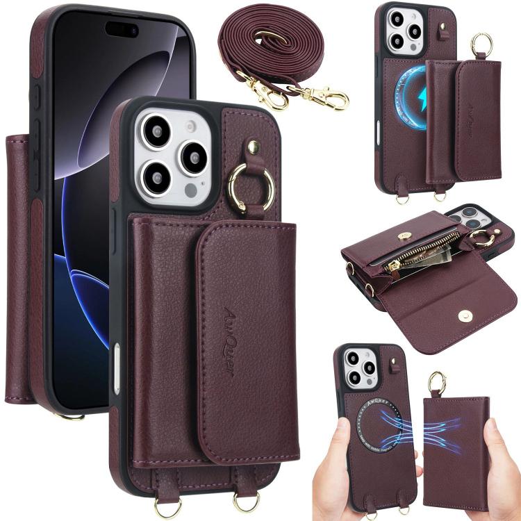 For iPhone 16 Pro Max AwQuer 2 in 1 Crossbody Wallet Leather Back Phone Case(Wine Red) - iPhone 16 Pro Max Cases by Awquer | Online Shopping UK | buy2fix
