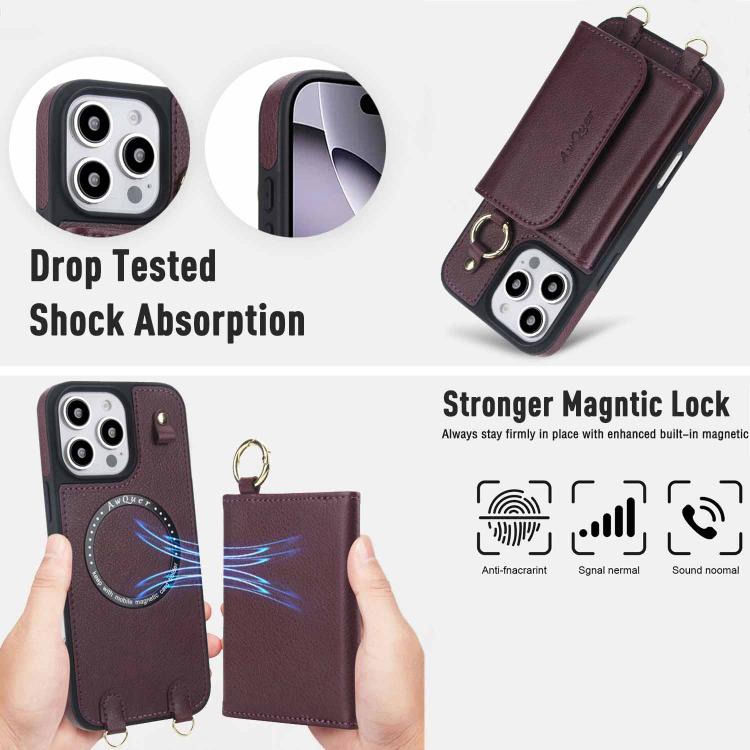 For iPhone 16 Pro Max AwQuer 2 in 1 Crossbody Wallet Leather Back Phone Case(Wine Red) - iPhone 16 Pro Max Cases by Awquer | Online Shopping UK | buy2fix