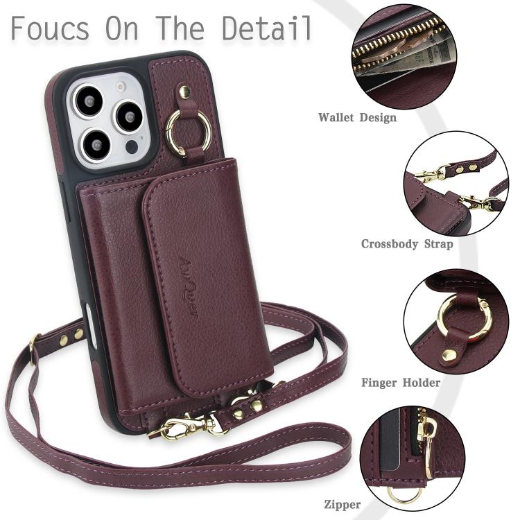 For iPhone 16 Pro Max AwQuer 2 in 1 Crossbody Wallet Leather Back Phone Case(Wine Red) - iPhone 16 Pro Max Cases by Awquer | Online Shopping UK | buy2fix