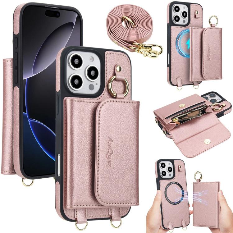 For iPhone 16 Pro Max AwQuer 2 in 1 Crossbody Wallet Leather Back Phone Case(Rose Gold) - iPhone 16 Pro Max Cases by Awquer | Online Shopping UK | buy2fix