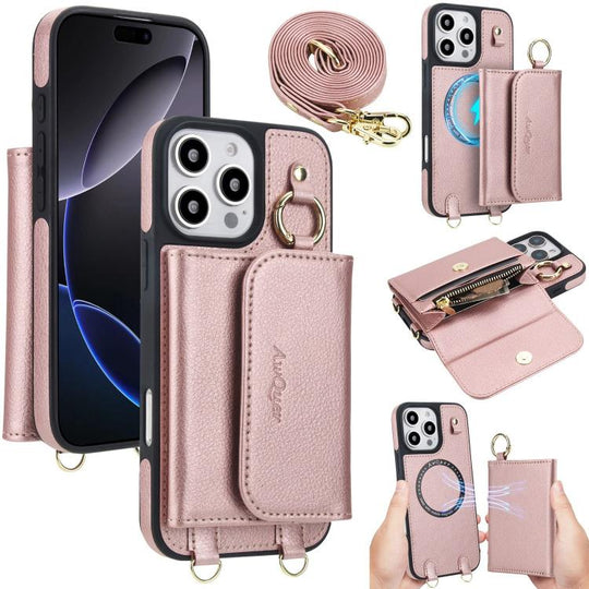 For iPhone 16 Pro Max AwQuer 2 in 1 Crossbody Wallet Leather Back Phone Case(Rose Gold)