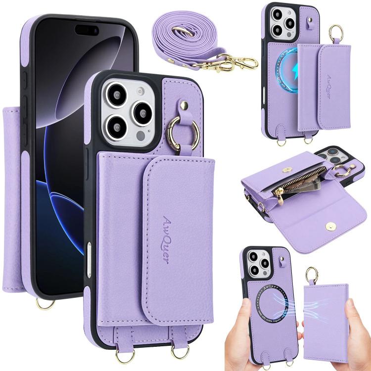 For iPhone 16 Pro Max AwQuer 2 in 1 Crossbody Wallet Leather Back Phone Case(Light Purple) - iPhone 16 Pro Max Cases by Awquer | Online Shopping UK | buy2fix