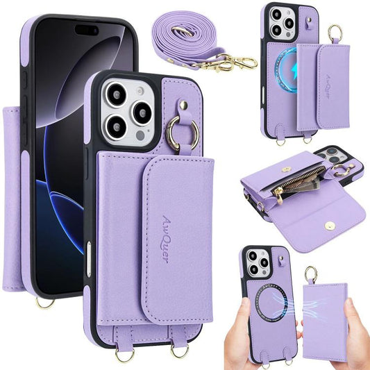 For iPhone 16 Pro Max AwQuer 2 in 1 Crossbody Wallet Leather Back Phone Case(Light Purple) - iPhone 16 Pro Max Cases by Awquer | Online Shopping UK | buy2fix