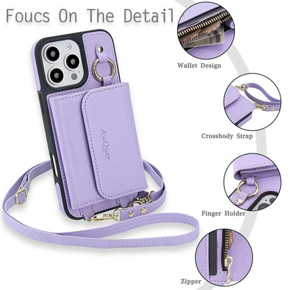 For iPhone 16 Pro Max AwQuer 2 in 1 Crossbody Wallet Leather Back Phone Case(Light Purple) - iPhone 16 Pro Max Cases by Awquer | Online Shopping UK | buy2fix