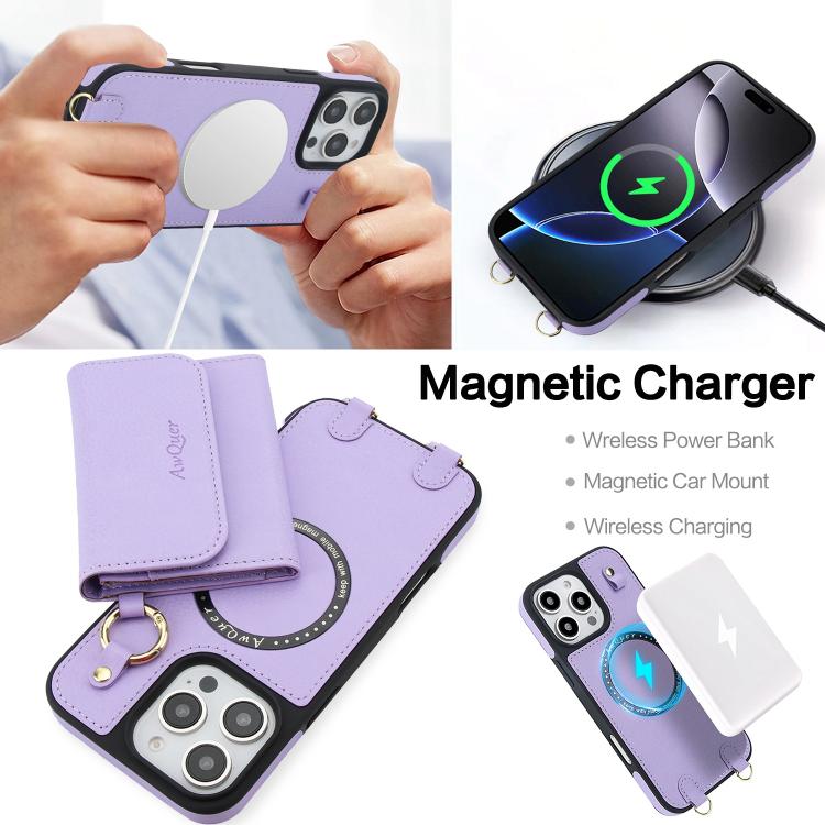 For iPhone 16 Pro Max AwQuer 2 in 1 Crossbody Wallet Leather Back Phone Case(Light Purple) - iPhone 16 Pro Max Cases by Awquer | Online Shopping UK | buy2fix