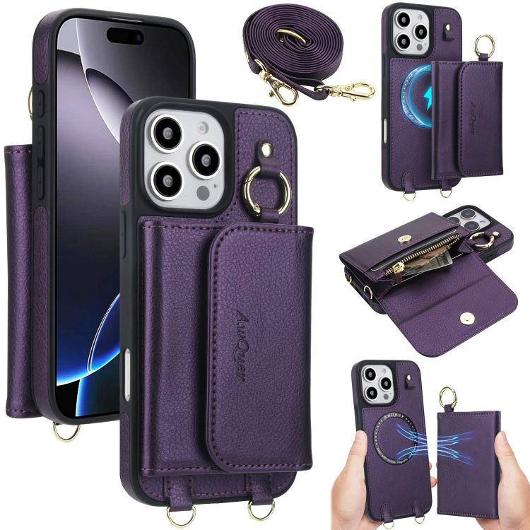 For iPhone 16 Pro Max AwQuer 2 in 1 Crossbody Wallet Leather Back Phone Case(Dark Purple) - iPhone 16 Pro Max Cases by Awquer | Online Shopping UK | buy2fix