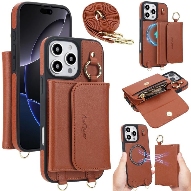 For iPhone 16 Pro Max AwQuer 2 in 1 Crossbody Wallet Leather Back Phone Case(Brown) - iPhone 16 Pro Max Cases by Awquer | Online Shopping UK | buy2fix