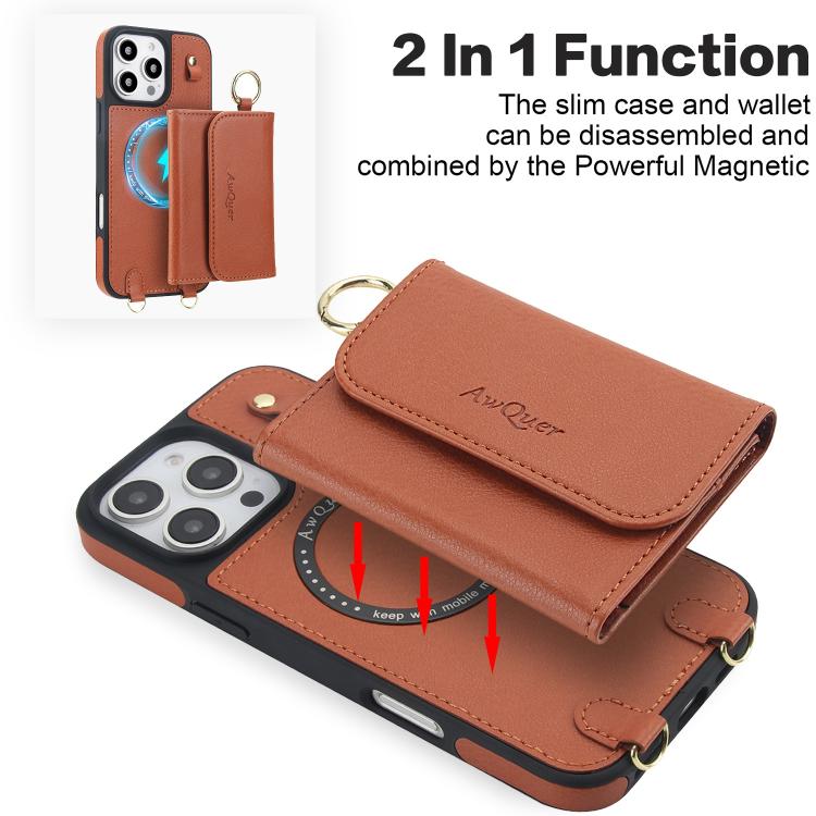 For iPhone 16 Pro Max AwQuer 2 in 1 Crossbody Wallet Leather Back Phone Case(Brown) - iPhone 16 Pro Max Cases by Awquer | Online Shopping UK | buy2fix
