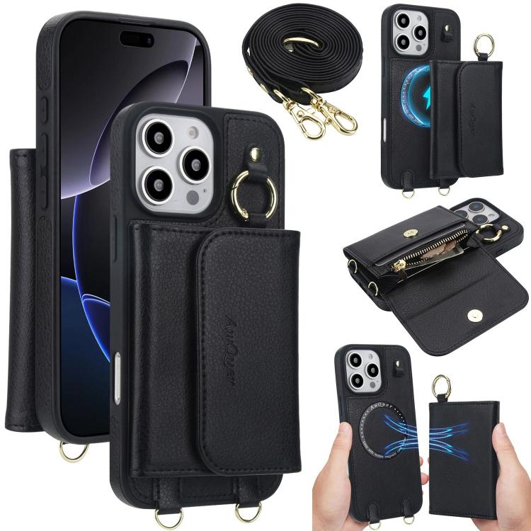 For iPhone 16 Pro AwQuer 2 in 1 Crossbody Wallet Leather Back Phone Case(Black) - iPhone 16 Pro Cases by Awquer | Online Shopping UK | buy2fix