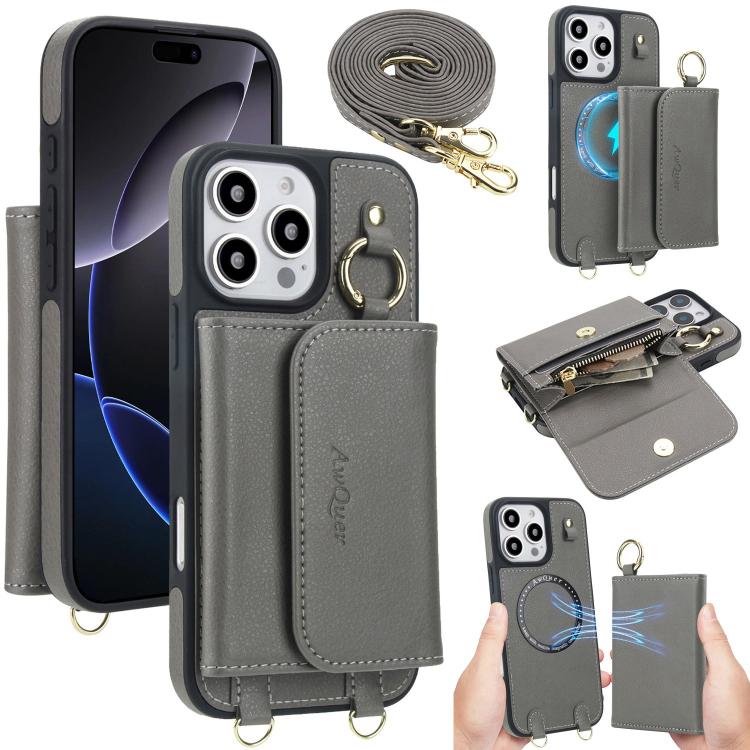 For iPhone 16 Pro AwQuer 2 in 1 Crossbody Wallet Leather Back Phone Case(Grey) - iPhone 16 Pro Cases by Awquer | Online Shopping UK | buy2fix