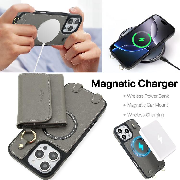 For iPhone 16 Pro AwQuer 2 in 1 Crossbody Wallet Leather Back Phone Case(Grey) - iPhone 16 Pro Cases by Awquer | Online Shopping UK | buy2fix