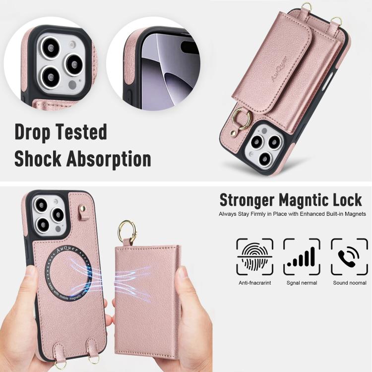 For iPhone 16 Pro AwQuer 2 in 1 Crossbody Wallet Leather Back Phone Case(Rose Gold) - iPhone 16 Pro Cases by Awquer | Online Shopping UK | buy2fix