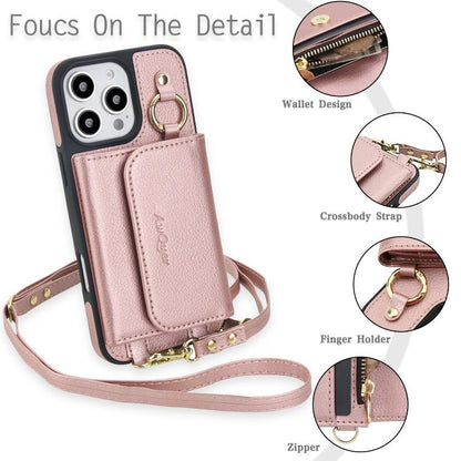 For iPhone 16 Pro AwQuer 2 in 1 Crossbody Wallet Leather Back Phone Case(Rose Gold) - iPhone 16 Pro Cases by Awquer | Online Shopping UK | buy2fix