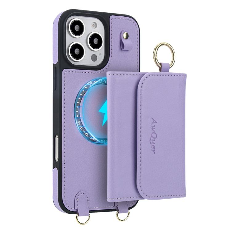 For iPhone 16 Pro AwQuer 2 in 1 Crossbody Wallet Leather Back Phone Case(Light Purple) - iPhone 16 Pro Cases by Awquer | Online Shopping UK | buy2fix