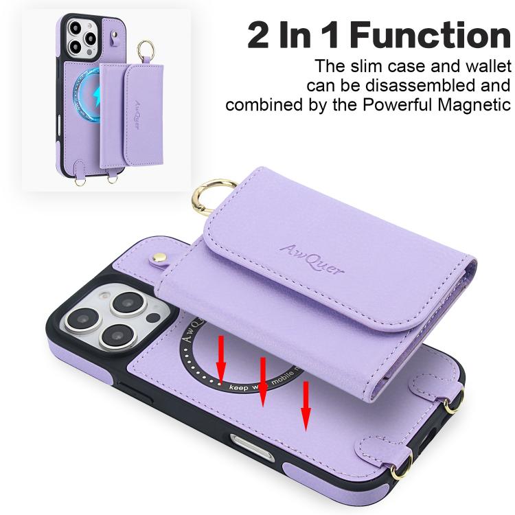 For iPhone 16 Pro AwQuer 2 in 1 Crossbody Wallet Leather Back Phone Case(Light Purple) - iPhone 16 Pro Cases by Awquer | Online Shopping UK | buy2fix