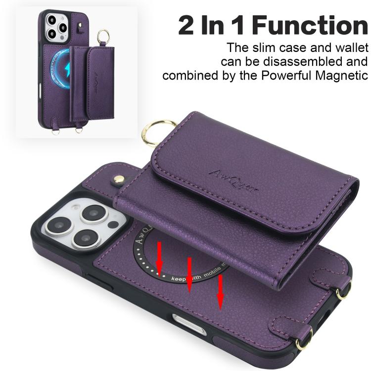 For iPhone 16 Pro AwQuer 2 in 1 Crossbody Wallet Leather Back Phone Case(Dark Purple) - iPhone 16 Pro Cases by Awquer | Online Shopping UK | buy2fix
