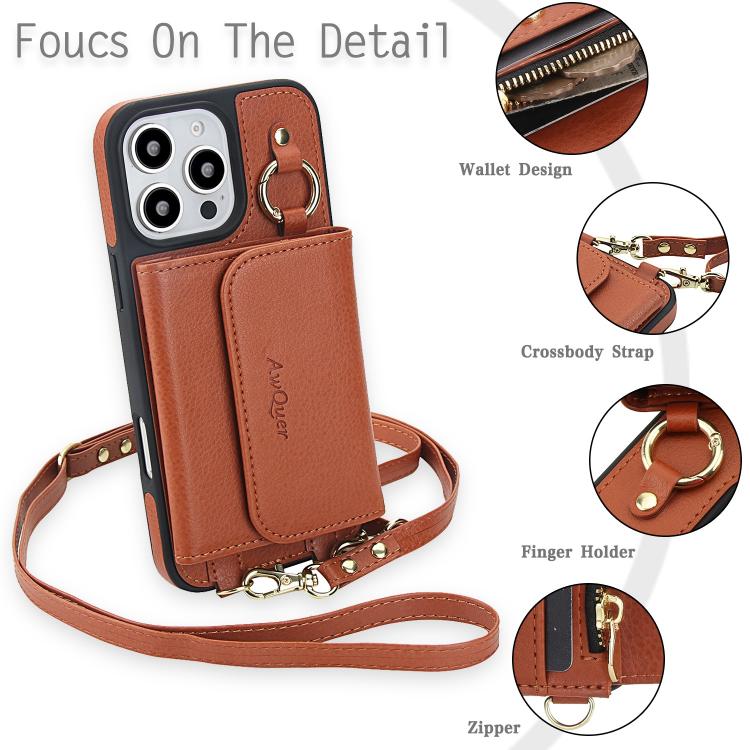 For iPhone 16 Pro AwQuer 2 in 1 Crossbody Wallet Leather Back Phone Case(Brown) - iPhone 16 Pro Cases by Awquer | Online Shopping UK | buy2fix