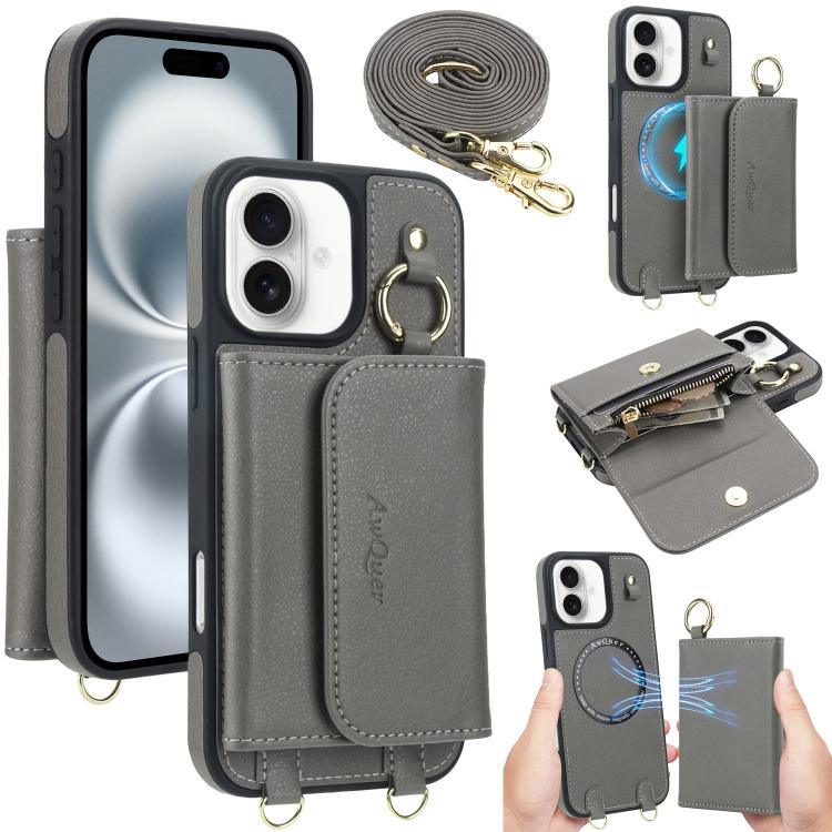 For iPhone 16 Plus AwQuer 2 in 1 Crossbody Wallet Leather Back Phone Case(Grey) - iPhone 16 Plus Cases by Awquer | Online Shopping UK | buy2fix