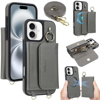 For iPhone 16 Plus AwQuer 2 in 1 Crossbody Wallet Leather Back Phone Case(Grey) - iPhone 16 Plus Cases by Awquer | Online Shopping UK | buy2fix
