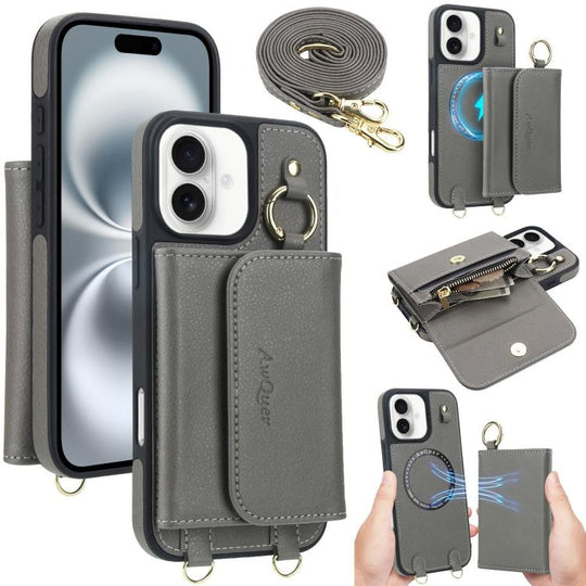 For iPhone 16 Plus AwQuer 2 in 1 Crossbody Wallet Leather Back Phone Case(Grey)