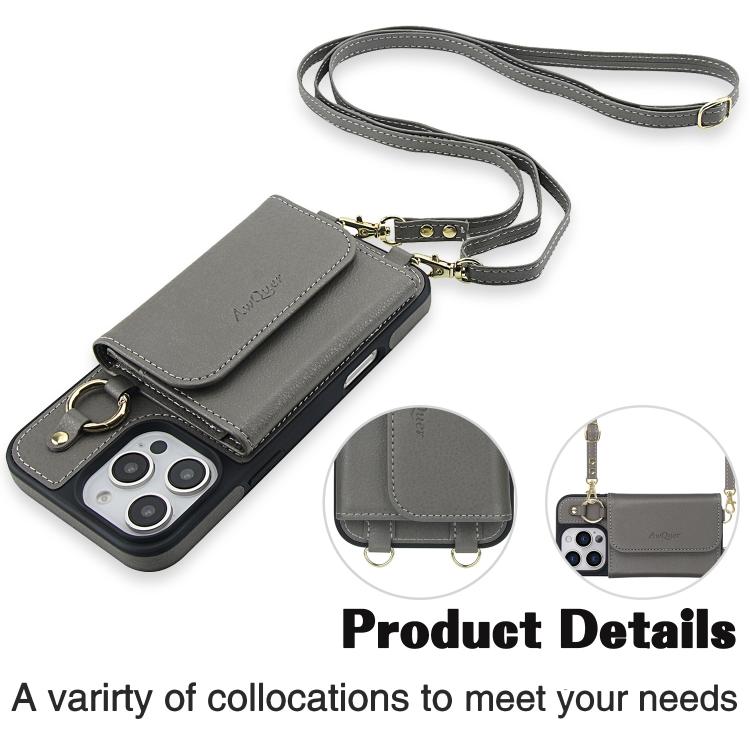 For iPhone 16 Plus AwQuer 2 in 1 Crossbody Wallet Leather Back Phone Case(Grey) - iPhone 16 Plus Cases by Awquer | Online Shopping UK | buy2fix