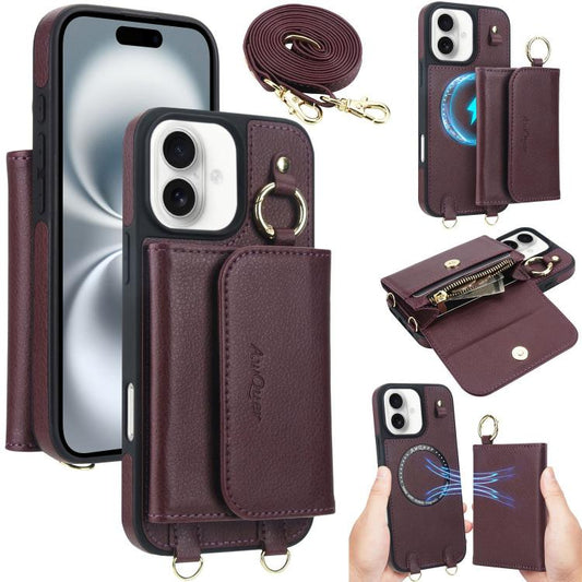 For iPhone 16 Plus AwQuer 2 in 1 Crossbody Wallet Leather Back Phone Case(Wine Red) - iPhone 16 Plus Cases by Awquer | Online Shopping UK | buy2fix