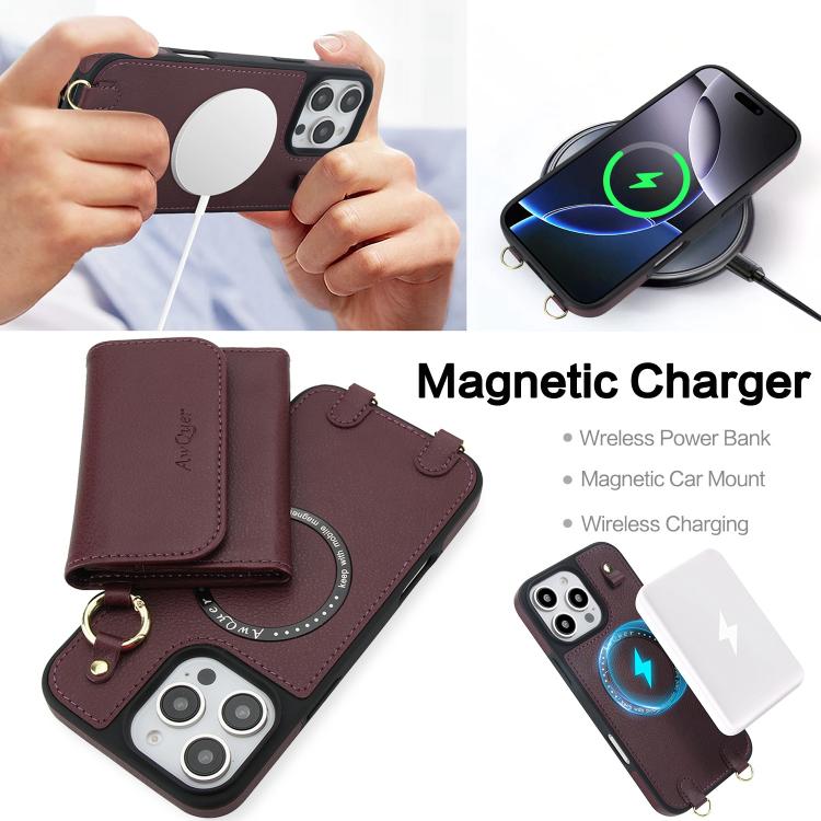 For iPhone 16 Plus AwQuer 2 in 1 Crossbody Wallet Leather Back Phone Case(Wine Red) - iPhone 16 Plus Cases by Awquer | Online Shopping UK | buy2fix