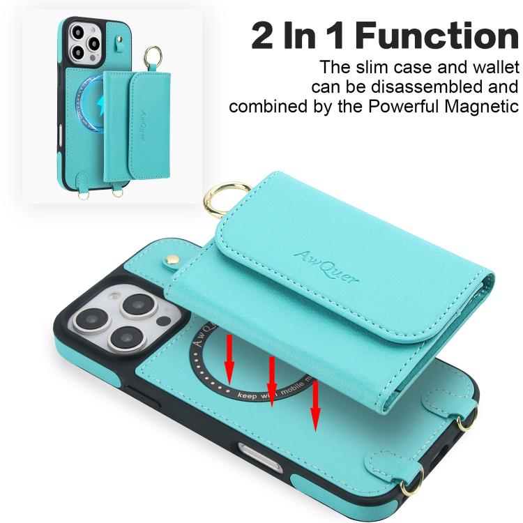 For iPhone 16 Plus AwQuer 2 in 1 Crossbody Wallet Leather Back Phone Case(Light Green) - iPhone 16 Plus Cases by Awquer | Online Shopping UK | buy2fix