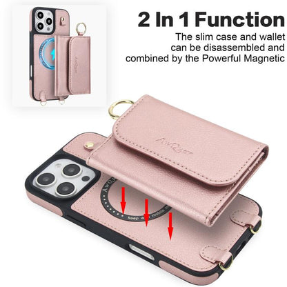 For iPhone 16 Plus AwQuer 2 in 1 Crossbody Wallet Leather Back Phone Case(Rose Gold) - iPhone 16 Plus Cases by Awquer | Online Shopping UK | buy2fix