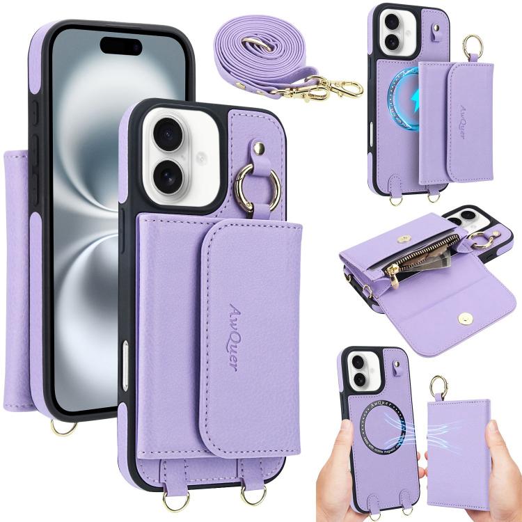 For iPhone 16 Plus AwQuer 2 in 1 Crossbody Wallet Leather Back Phone Case(Light Purple) - iPhone 16 Plus Cases by Awquer | Online Shopping UK | buy2fix