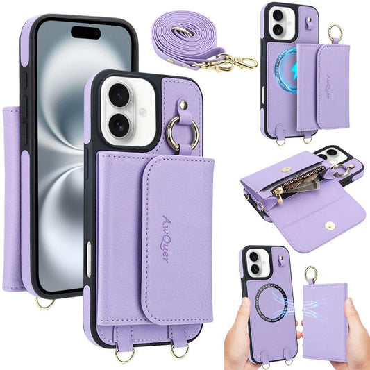 For iPhone 16 Plus AwQuer 2 in 1 Crossbody Wallet Leather Back Phone Case(Light Purple) - iPhone 16 Plus Cases by Awquer | Online Shopping UK | buy2fix