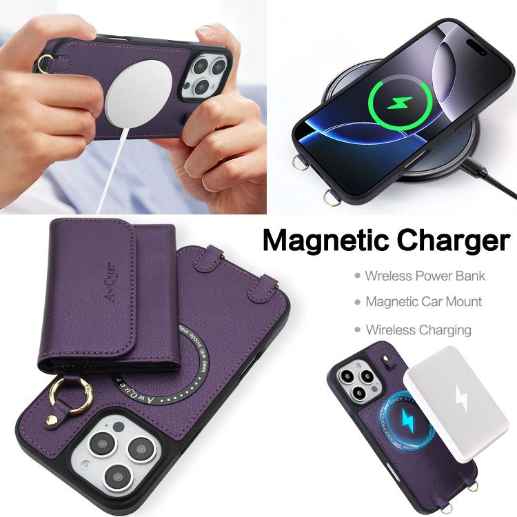 For iPhone 16 Plus AwQuer 2 in 1 Crossbody Wallet Leather Back Phone Case(Dark Purple) - iPhone 16 Plus Cases by Awquer | Online Shopping UK | buy2fix