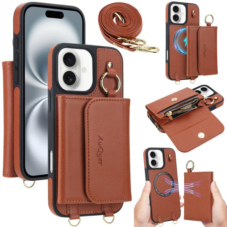 For iPhone 16 Plus AwQuer 2 in 1 Crossbody Wallet Leather Back Phone Case(Brown) - iPhone 16 Plus Cases by Awquer | Online Shopping UK | buy2fix