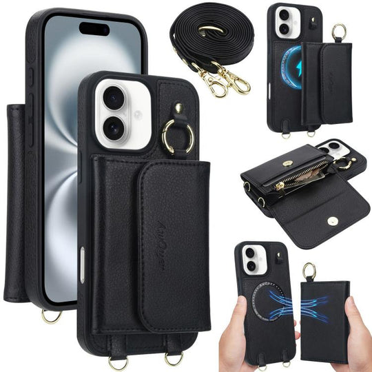 For iPhone 16 AwQuer 2 in 1 Crossbody Wallet Leather Back Phone Case(Black)