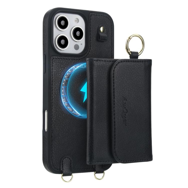 For iPhone 16 AwQuer 2 in 1 Crossbody Wallet Leather Back Phone Case(Black) - iPhone 16 Cases by Awquer | Online Shopping UK | buy2fix
