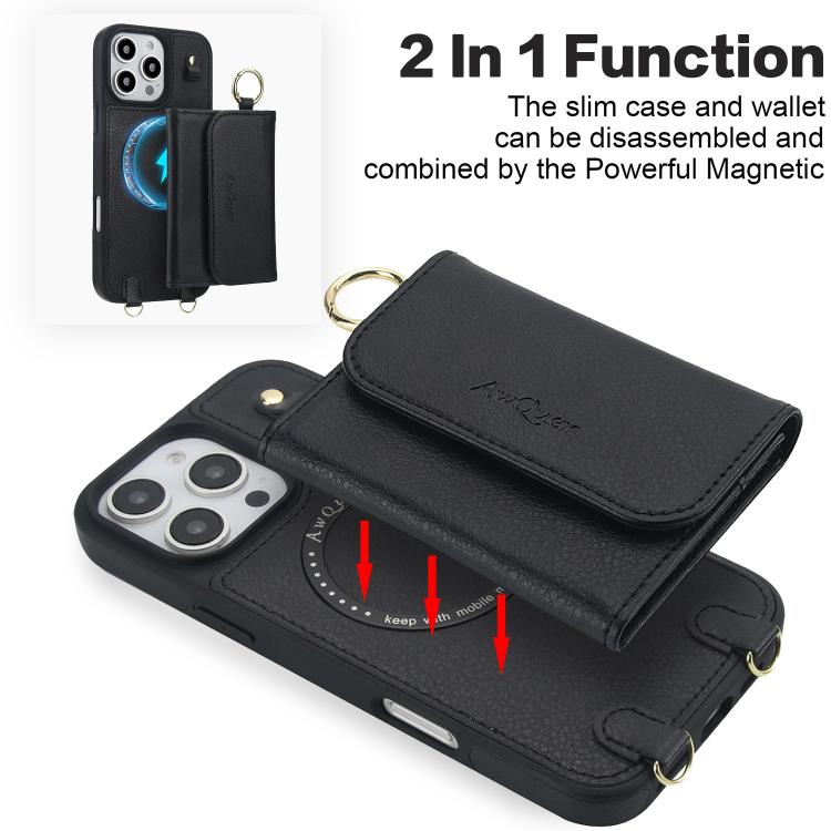 For iPhone 16 AwQuer 2 in 1 Crossbody Wallet Leather Back Phone Case(Black) - iPhone 16 Cases by Awquer | Online Shopping UK | buy2fix