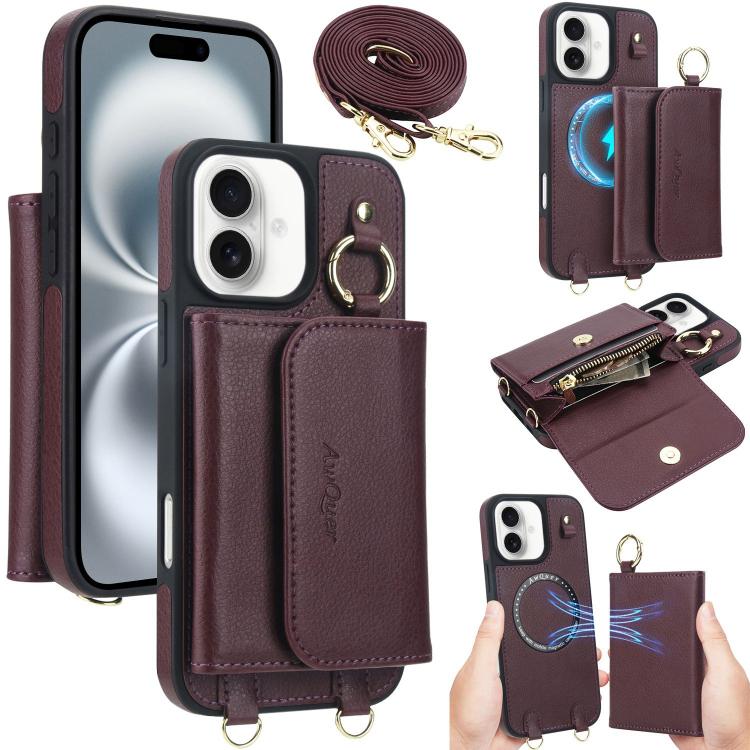 For iPhone 16 AwQuer 2 in 1 Crossbody Wallet Leather Back Phone Case(Wine Red) - iPhone 16 Cases by Awquer | Online Shopping UK | buy2fix
