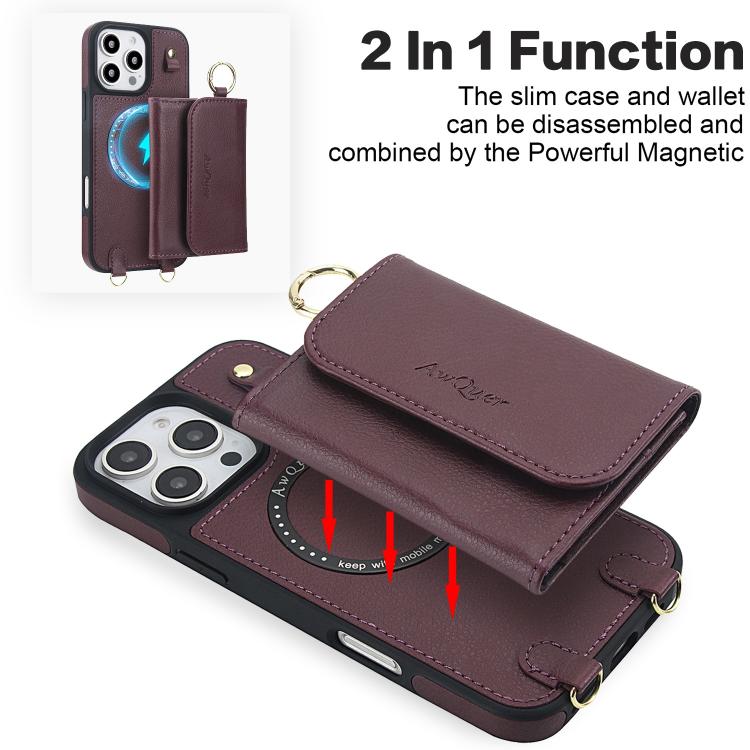 For iPhone 16 AwQuer 2 in 1 Crossbody Wallet Leather Back Phone Case(Wine Red) - iPhone 16 Cases by Awquer | Online Shopping UK | buy2fix