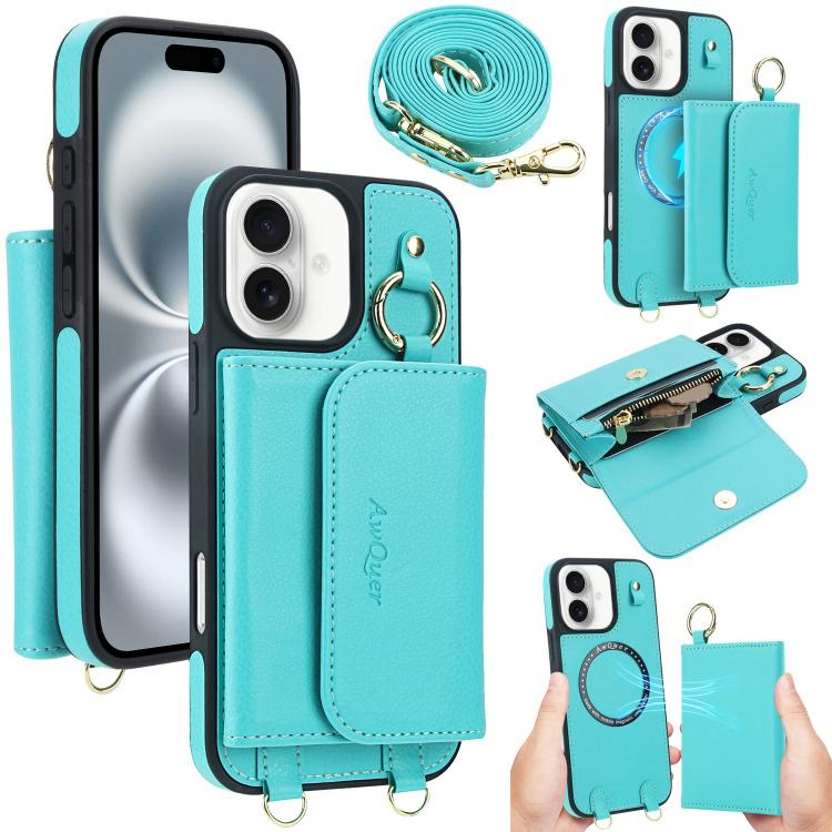 For iPhone 16 AwQuer 2 in 1 Crossbody Wallet Leather Back Phone Case(Light Green) - iPhone 16 Cases by Awquer | Online Shopping UK | buy2fix