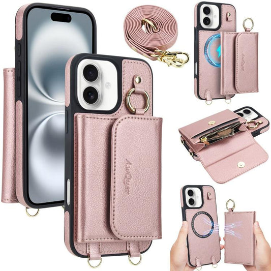 For iPhone 16 AwQuer 2 in 1 Crossbody Wallet Leather Back Phone Case(Rose Gold) - iPhone 16 Cases by Awquer | Online Shopping UK | buy2fix