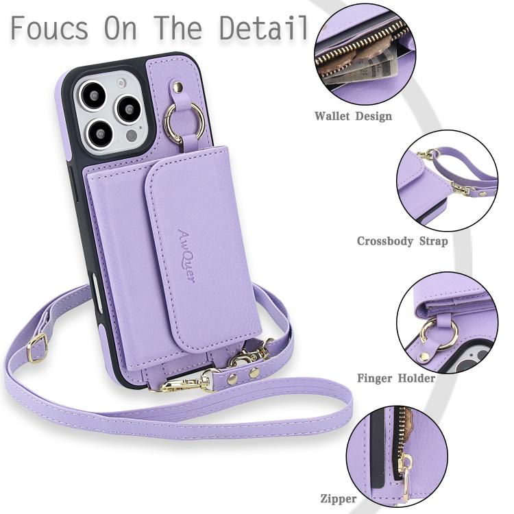For iPhone 16 AwQuer 2 in 1 Crossbody Wallet Leather Back Phone Case(Light Purple) - iPhone 16 Cases by Awquer | Online Shopping UK | buy2fix