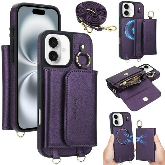 For iPhone 16 AwQuer 2 in 1 Crossbody Wallet Leather Back Phone Case(Dark Purple) - iPhone 16 Cases by Awquer | Online Shopping UK | buy2fix
