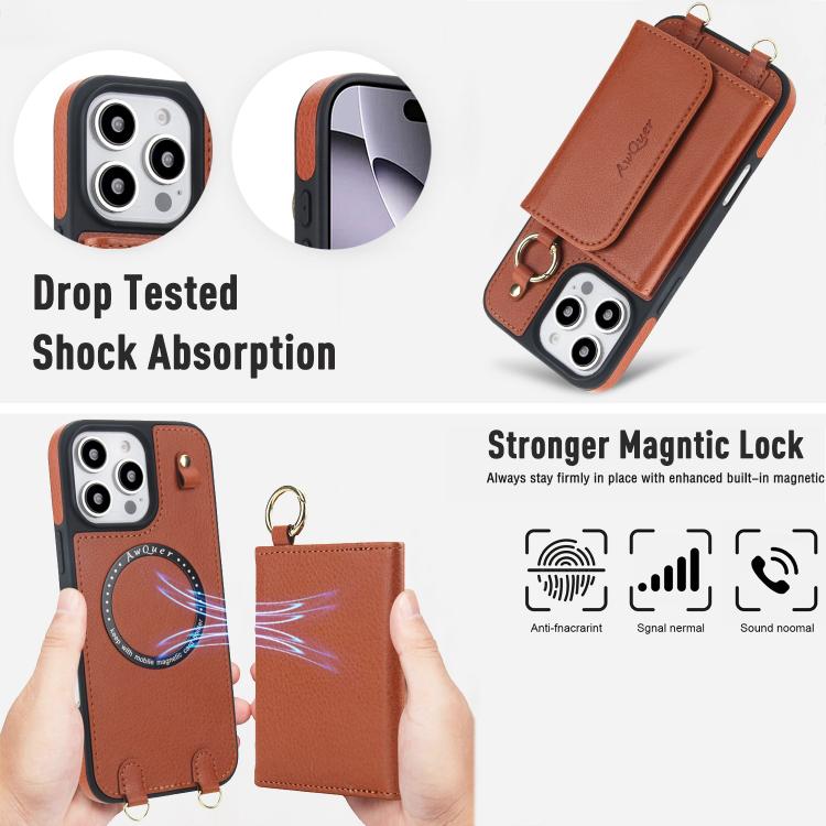 For iPhone 16 AwQuer 2 in 1 Crossbody Wallet Leather Back Phone Case(Brown) - iPhone 16 Cases by Awquer | Online Shopping UK | buy2fix