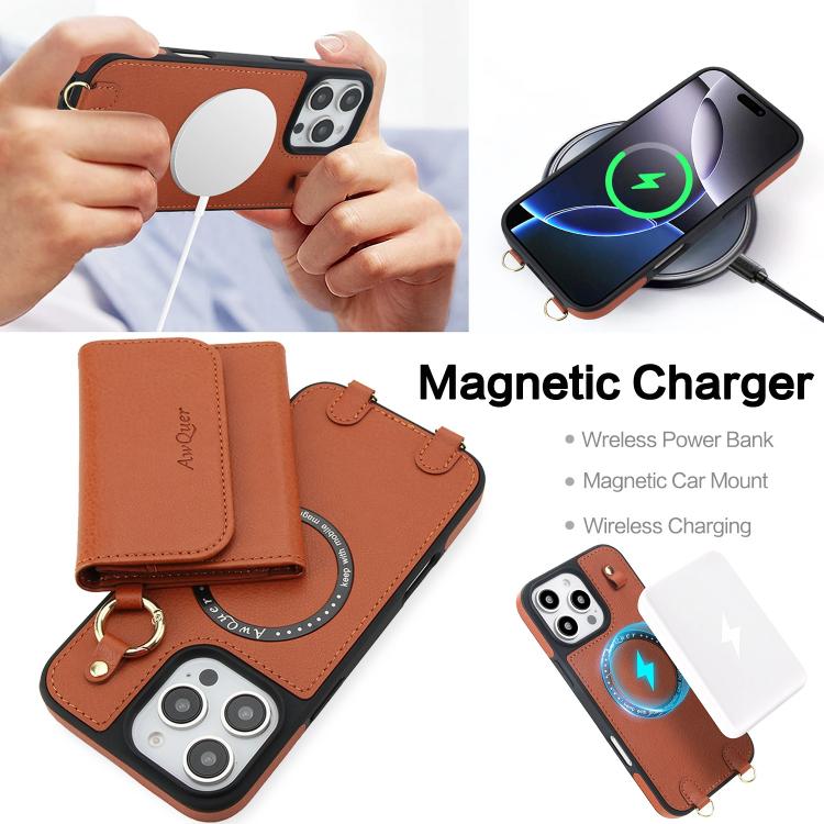 For iPhone 16 AwQuer 2 in 1 Crossbody Wallet Leather Back Phone Case(Brown) - iPhone 16 Cases by Awquer | Online Shopping UK | buy2fix