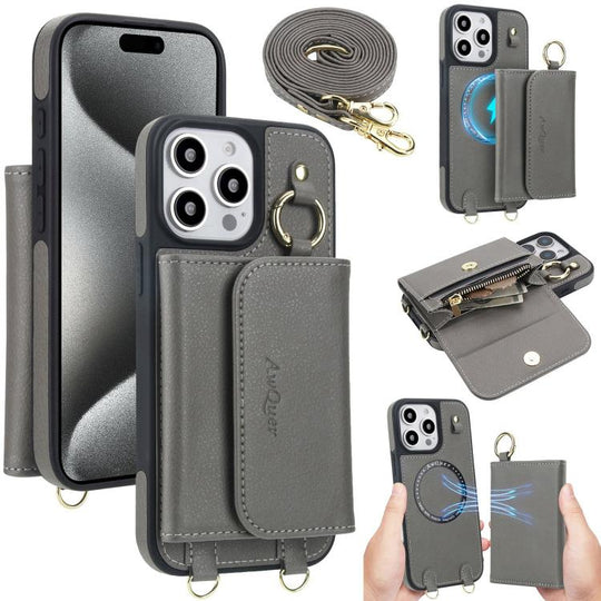 For iPhone 15 Pro Max AwQuer 2 in 1 Crossbody Wallet Leather Back Phone Case(Grey)