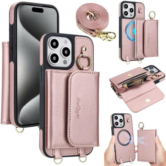 For iPhone 15 Pro Max AwQuer 2 in 1 Crossbody Wallet Leather Back Phone Case(Rose Gold)